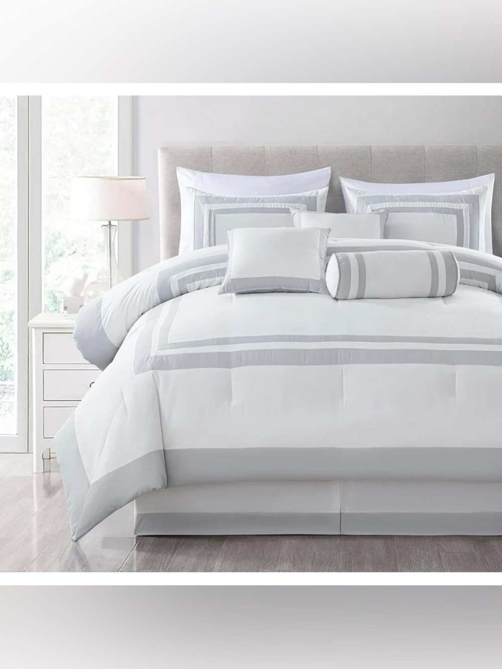 White and Light Gray Stripe cal king 3 piece Comforter Set - Picture 2 of 5